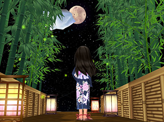 竹林から見える月灯りと灯篭