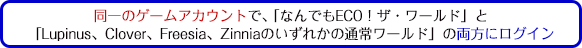 同一のゲームアカウントで、「なんでもECO！ザ・ワールド」と「Lupinus、Clover、Freesia、Zinniaのいずれかの通常ワールド」の両方にログイン