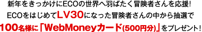 新年をきっかけにECOの世界へ羽ばたく冒険者さんを応援！ECOをはじめてLV30になった冒険者さんの中から抽選で100名様に「WebMoneyカード(500円分)」をプレゼント！