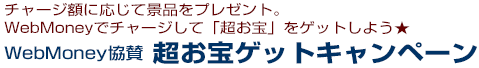 チャージ額に応じて景品をプレゼント。WebMoneyでチャージして「超お宝」をゲットしよう★WebMoney協賛　WebMoneyでチャージしよう！超お宝ゲットキャンペーン