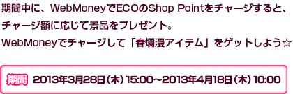 期間中に、WebMoneyでECOのShop Pointをチャージすると、チャージ額に応じて景品をプレゼント。WebMoneyでチャージして「春爛漫アイテム」をゲットしよう☆