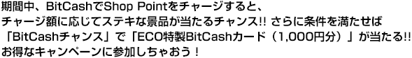 期間中、BitCashでShop Pointをチャージすると、チャージ額に応じてステキな景品が当たるチャンス!!